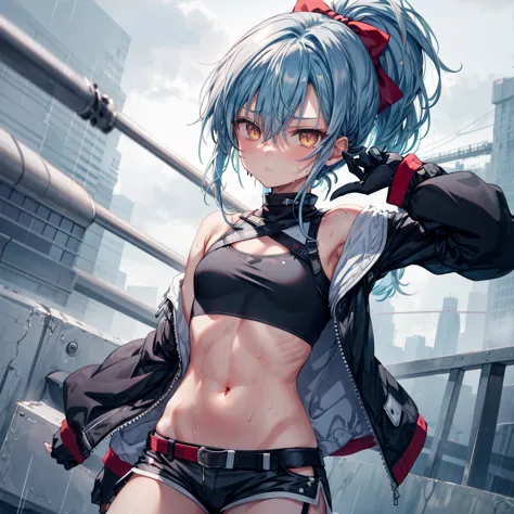 ((highest quality)), ((masterpiece)), ((detailed)), (4k), a girl with blue hair and a top with short sleeves holding a screw dri...