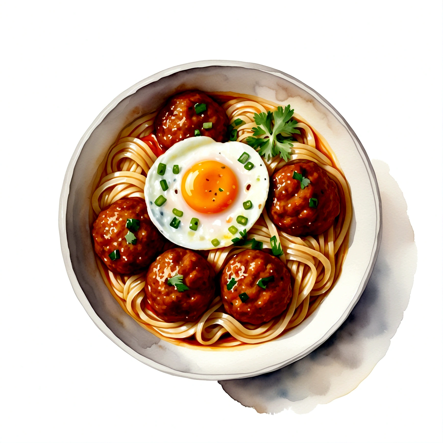 there is a huge extremely delicious bowl of noodle with meatballs and egg, illustration, isolated with solid white background, surrounded with negative space, centered compositon, 8k, highly detailed painting, very precise painting, Isolated, clear brilliant white background, perspective angle of view, realistic, watercolor