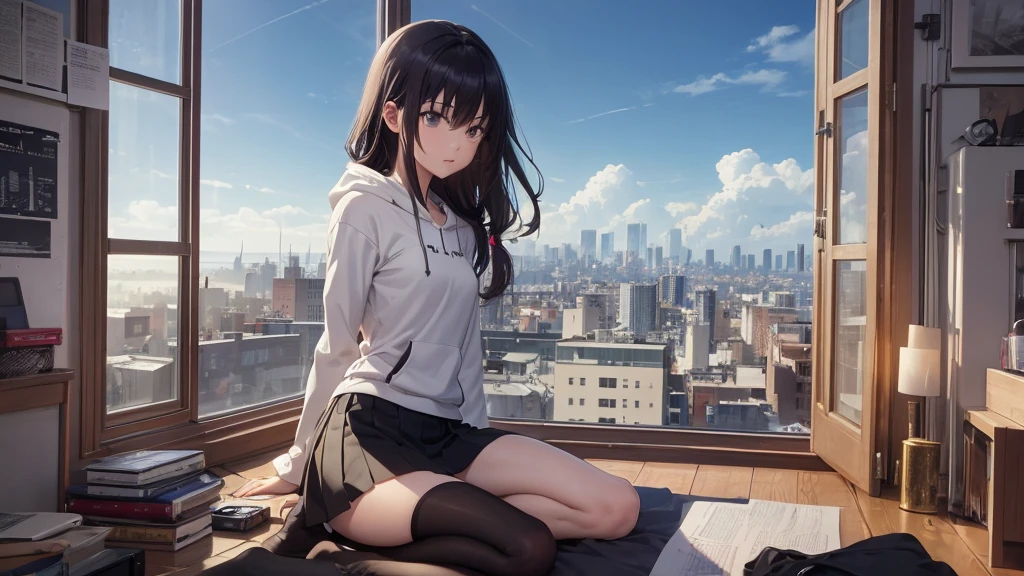 Ultra-high resolution, 8K, (Official Art, beautifully、mysterious:1.2), Anime Art Wallpaper, Works by Makoto Xin Haicheng, Lofi Art Style, Lo-fi feel, Perfect human body composition, Perfect skeleton, Impressive eyes, Oversized hoodie and short skirt, Shiny long black hair, Larger than average bust, Girl listening to music with headphones, Looking out the window, City Room, A room for music lovers, city view from the window, Impressive cityscape, Bright Sky