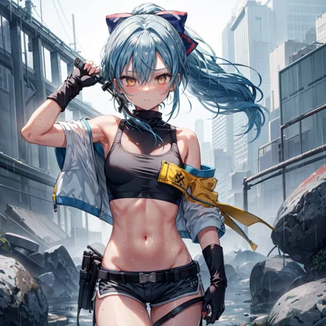 ((highest quality)), ((masterpiece)), ((detailed)), (4k), a girl with blue hair and a top with short sleeves holding a screw dri...