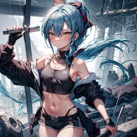 ((highest quality)), ((masterpiece)), ((detailed)), (4k), a girl with blue hair and a top with short sleeves holding a screw dri...