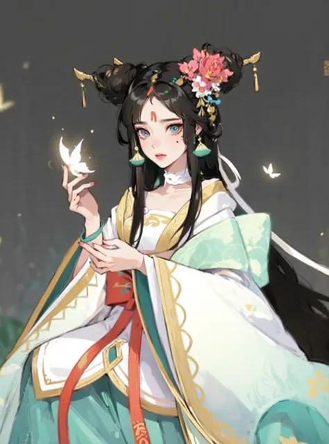 Women wearing Hanfu，cartoon，Glowing Butterfly，Black long hair，Cover, Four major Chinese folk tales, White Snake, Baishaden, flat...