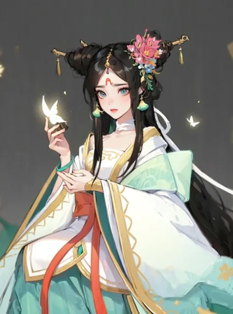 Women wearing Hanfu，cartoon，Glowing Butterfly，Black long hair，Cover, Four major Chinese folk tales, White Snake, Baishaden, flat...