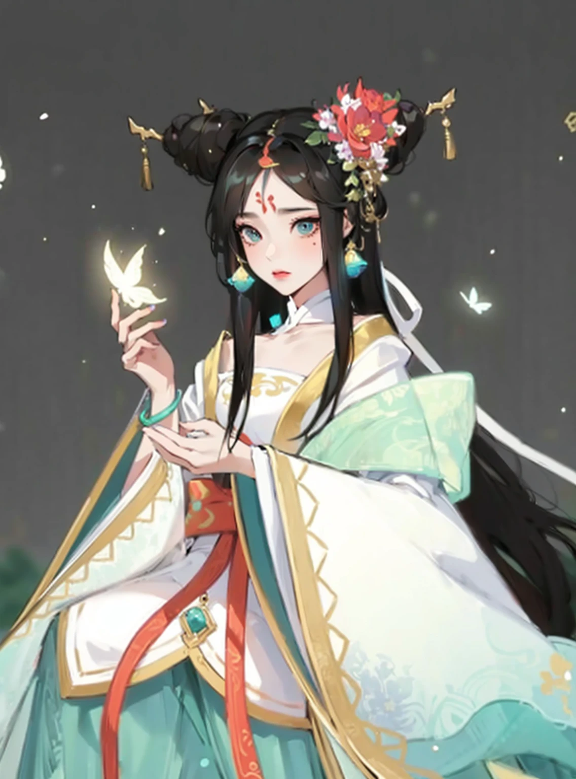 Women wearing Hanfu，cartoon，Glowing Butterfly，Black long hair，Cover, Four major Chinese folk tales, White Snake, Baishaden, flat design, Vector illustration, Icon, 详细的 2d 插图, Flat illustration, Digital Illustration, The art of math,looking up the camera, beautiful younger 16years girl, The Chang'e Fairy, with a gold headpin, a pretty face, a long, light dark green dress, and a fairy-like air, immortal and full of mystery, immortal, Ink and watercolour character style, flat drawing, meticulous details, lora, details, Portrait so realistic you can almost feel the texture of her skin, Painting, Executed with oil on smooth canvas, Captured with a fine brush in every intricate detail, Realistic: 1.3, Masterpiece, Intricate Detail: 1.2, 独奏, Facial Focus, Close-up: 0.8, Ultra high resolution, correct body structure, detailed skin, half of the chibi, cyberpunk, 3d pixar animation style, Christopher Studios lighting, realistic, professional lora, in style of romantic soft focus and ethereal light, Cartoons, pixar: 2.5 style, extremely detailed cg unity 8k wallpaper, extremely detailed cg unity 8k, dramatic, intricate details, ultra realistic, best quality    -, 2d, 3d, Best Quality --niji 5 --style expressive --s 180