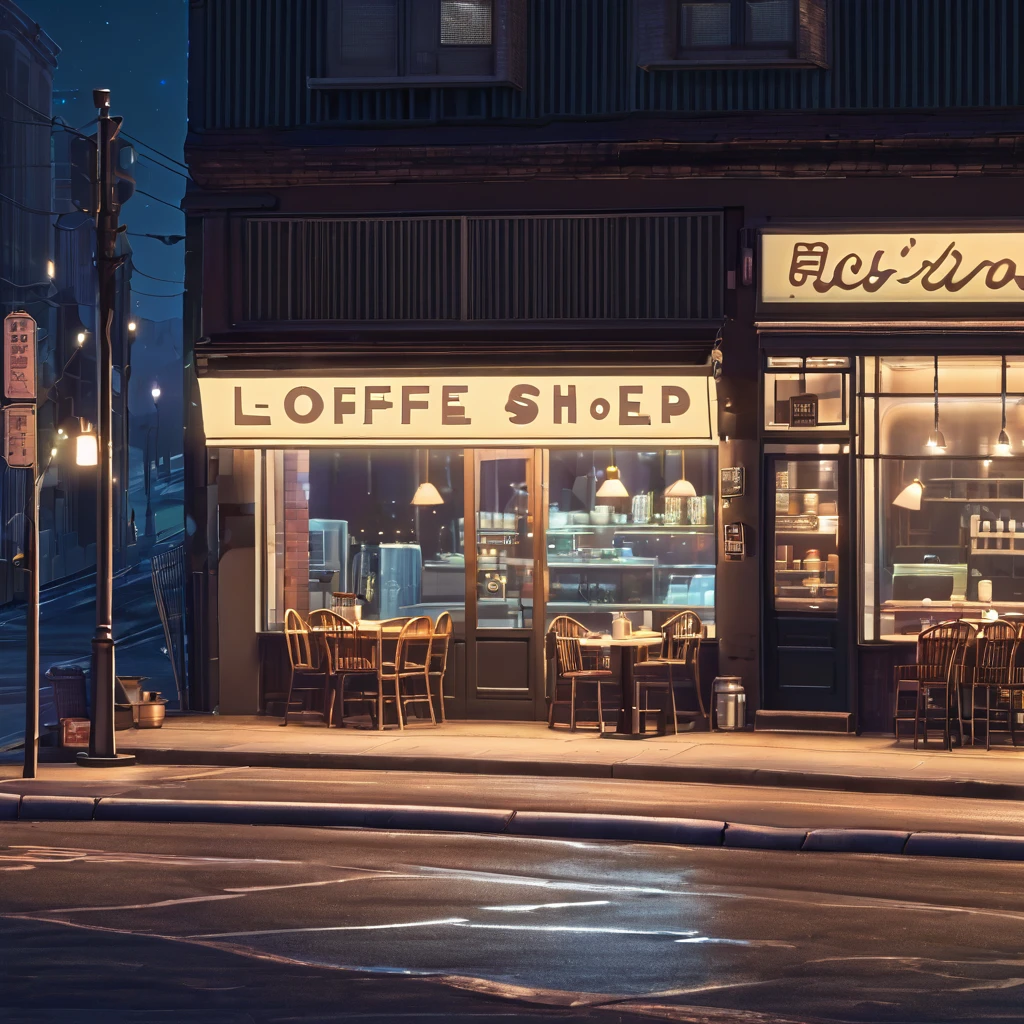 Generate an image of a deserted street at night with a lofi aesthetic coffee shop, highlighting the illuminated sign and the lamp posts in the background.