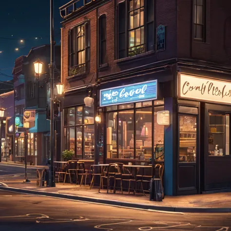 generate an image of a deserted street at night with a lofi aesthetic coffee shop, highlighting the illuminated sign and the lam...