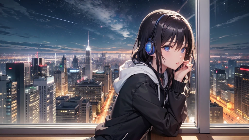 Ultra-high resolution, 8K, (Official Art, beautifully、mysterious:1.2), Anime Art Wallpaper, Works by Makoto Xin Haicheng, Lofi Art Style, Lo-fi feel, Perfect human body composition, Perfect skeleton, Impressive eyes, Oversized hoodie and short skirt, Shiny long black hair, Larger than average bust, Girl listening to music with headphones, Looking out the window, City Room, A room for music lovers, city view from the window, Impressive cityscape, Bright Sky