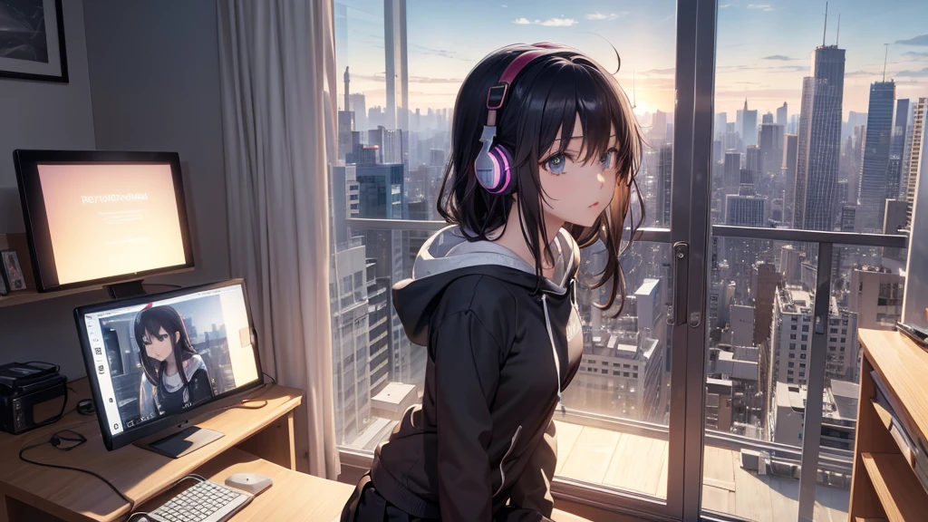 Ultra-high resolution, 8K, (Official Art, beautifully、mysterious:1.2), Anime Art Wallpaper, Works by Makoto Xin Haicheng, Lofi Art Style, Lo-fi feel, Perfect human body composition, Perfect skeleton, Impressive eyes, Oversized hoodie and short skirt, Shiny long black hair, Larger than average bust, Girl listening to music with headphones, Looking out the window, City Room, A room for music lovers, city view from the window, Impressive cityscape, Bright Sky