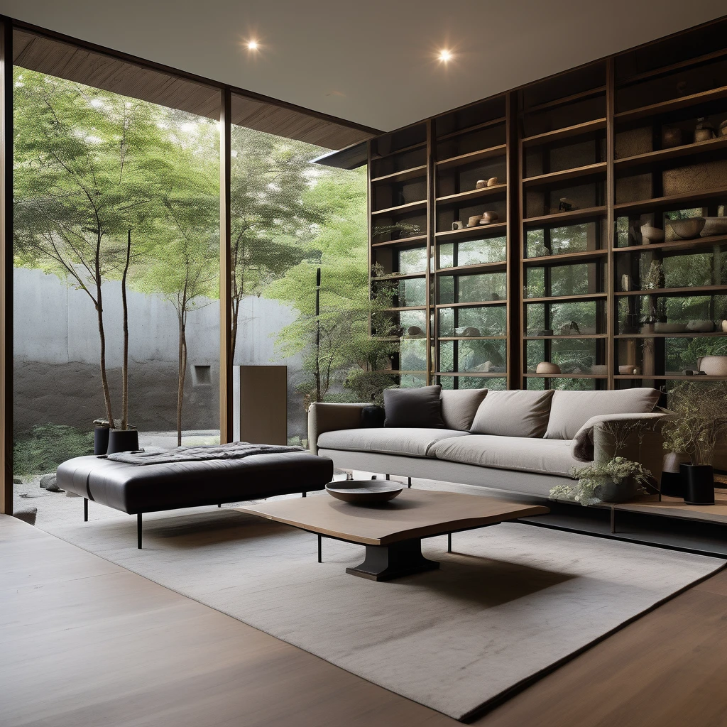 cinematic photo,mrares, ((wabi-sabi style:1.5)), (wabi-sabi_style:1.5), (Zen:1.5),(wabi-sabi elements:1.3), modern living room, simple style, living room, home, concrete plain wall, wooden floor, there is a sofa placed in the space, a projection screen facing the sofa, and a push-pull cart, wide angle,long-focus,depth of field, . 35mm photograph, film, bokeh, professional, 4k, highly detailed