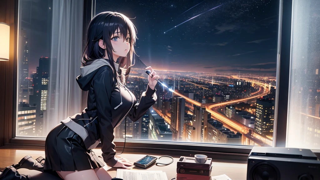 Ultra-high resolution, 8K, (Official Art, beautifully、mysterious:1.2), Anime Art Wallpaper, Works by Makoto Xin Haicheng, Lofi Art Style, Lo-fi feel, Perfect human body composition, Perfect skeleton, Impressive eyes, Oversized hoodie and short skirt, Shiny long black hair, Larger than average bust, Girl listening to music with headphones, Looking out the window, City Room, A room for music lovers, city view from the window, Impressive cityscape, Bright Sky