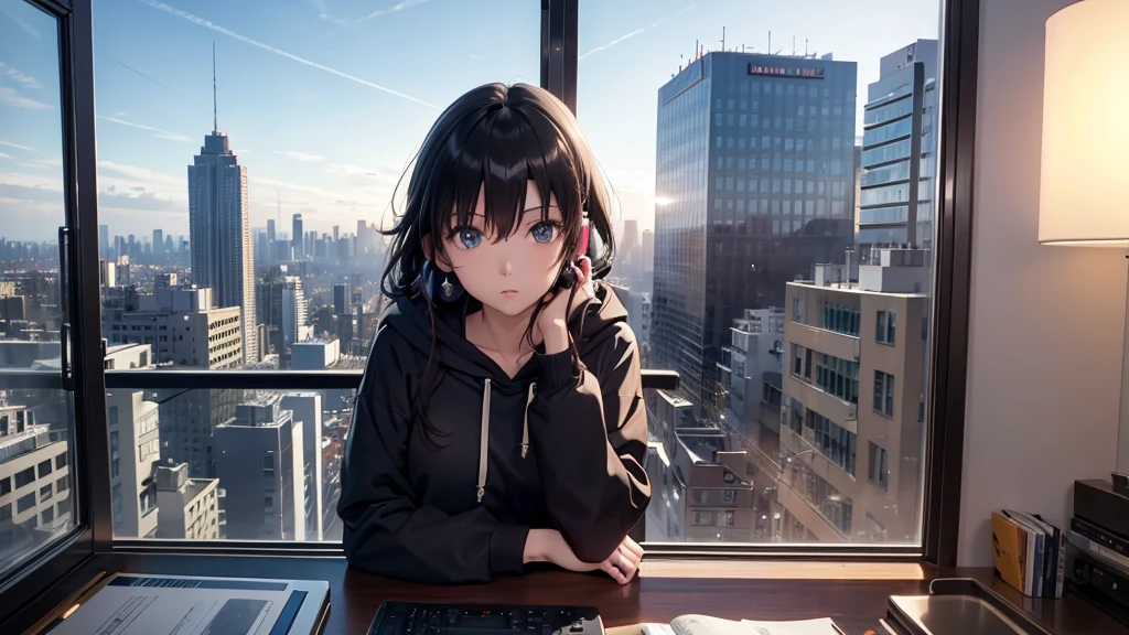 Ultra-high resolution, 8K, (Official Art, beautifully、mysterious:1.2), Anime Art Wallpaper, Works by Makoto Xin Haicheng, Lofi Art Style, Lo-fi feel, Perfect human body composition, Perfect skeleton, Impressive eyes, Oversized hoodie and short skirt, Shiny long black hair, Larger than average bust, Girl listening to music with headphones, Looking out the window, City Room, A room for music lovers, city view from the window, Impressive cityscape, Bright Sky