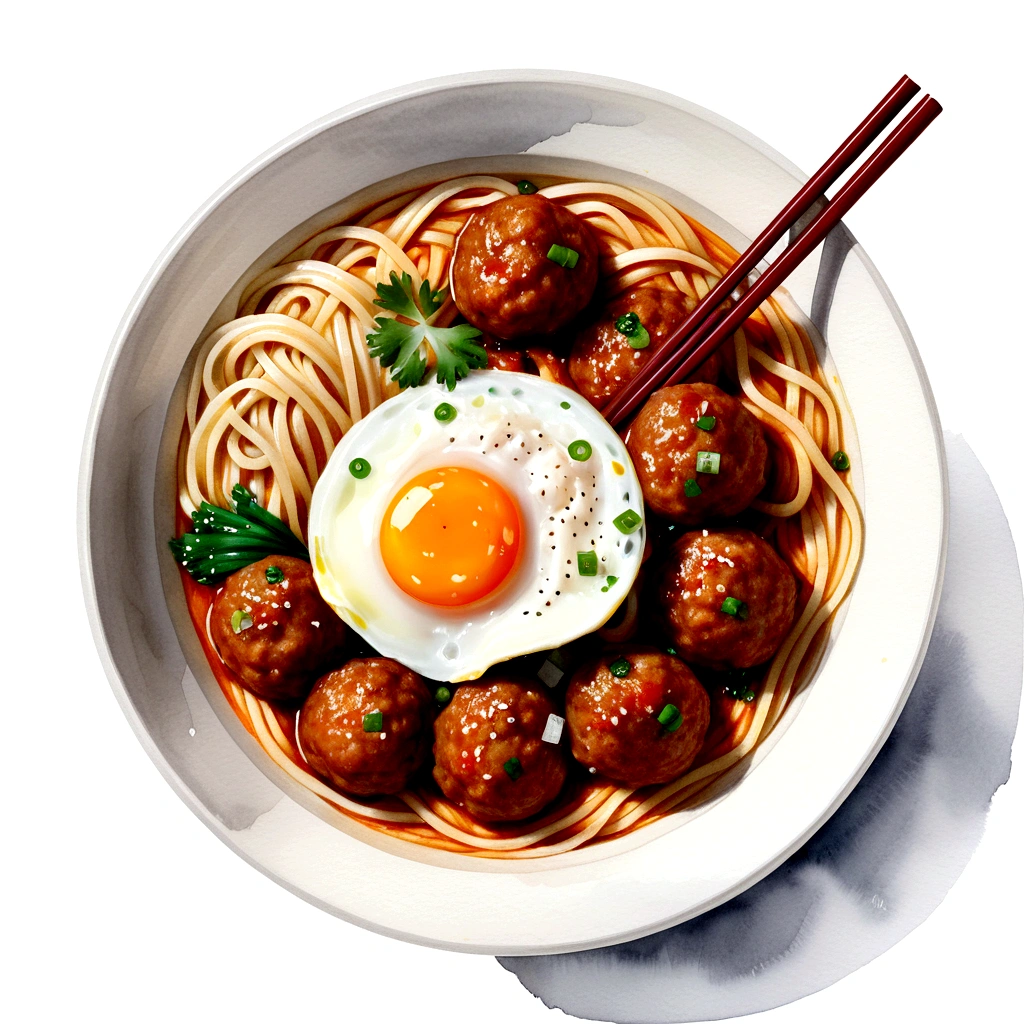 there is a huge extremely delicious bowl of noodle with meatballs and egg, chopstick, illustration, isolated with solid white background, surrounded with negative space, centered compositon, 8k, highly detailed painting, very precise painting, Isolated, clear brilliant white background, perspective angle of view, realistic, watercolor