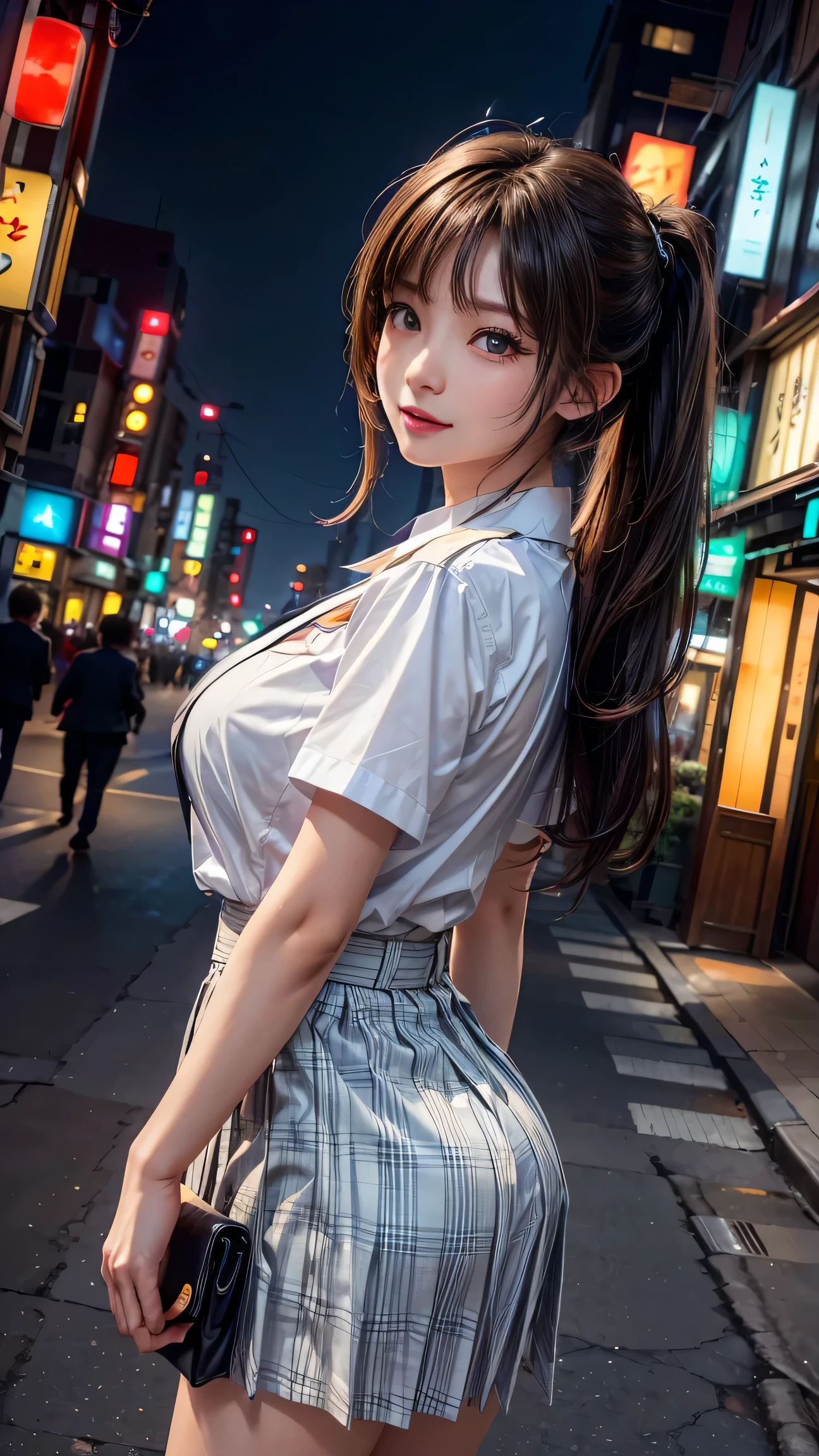 1 Girl、On the streets of Tokyo、City view、夜のCity view、Neon Street、close、Laughter、、(8K、Original photo、Highest quality、masterpiece:1.2)、(Realist、フォトRealist:1.37)、Highly detailed eyelash drawing、(((Best image quality))), (Beautiful Hair), (perfection Anatomy), (practical), (Dynamic Angle), The pose is attractive,perfection, look、Highest quality、High resolution、Big Breasts、White shirt、Short sleeve、Checked Skirt、uniform。