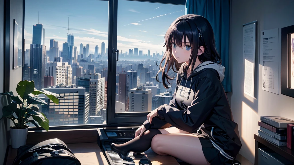 Ultra-high resolution, 8K, (Official Art, beautifully、mysterious:1.2), Anime Art Wallpaper, Works by Makoto Xin Haicheng, Lofi Art Style, Lo-fi feel, Perfect human body composition, Perfect skeleton, Impressive eyes, Oversized hoodie and short skirt, Shiny long black hair, Larger than average bust, Girl listening to music with headphones, Looking out the window, City Room, A room for music lovers, city view from the window, Impressive cityscape, Bright Sky, meteor