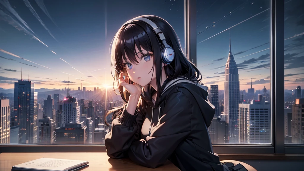 Ultra-high resolution, 8K, (Official Art, beautifully、mysterious:1.2), Anime Art Wallpaper, Works by Makoto Xin Haicheng, Lofi Art Style, Lo-fi feel, Perfect human body composition, Perfect skeleton, Impressive eyes, Oversized hoodie and short skirt, Shiny long black hair, Larger than average bust, Girl listening to music with headphones, Looking out the window, City Room, A room for music lovers, city view from the window, Impressive cityscape, Bright Sky, meteor