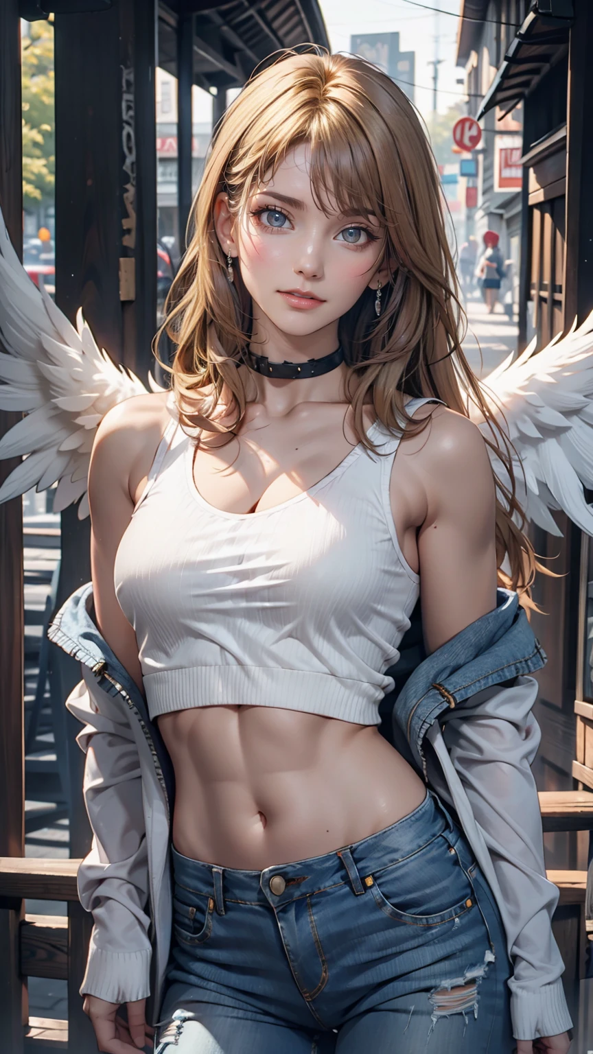 One girl, Medium chest, Blonde, Long Hair, Wavy Hair, Grey Eyes, White Feather Wings, Angel, Outdoor, White jacket, choker, Tank top, jeans