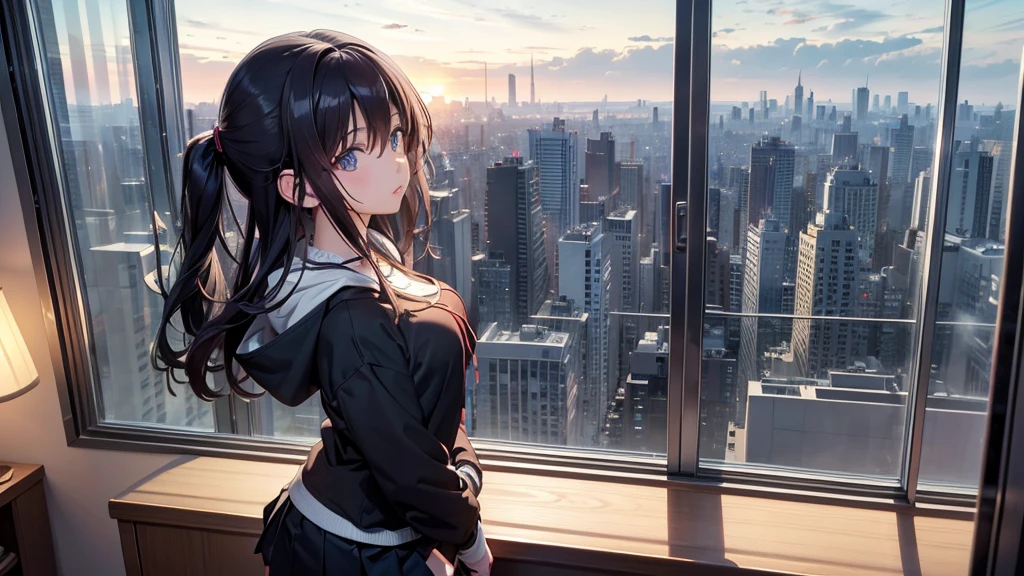 Ultra-high resolution, 8K, (Official Art, beautifully、mysterious:1.2), Anime Art Wallpaper, Works by Makoto Xin Haicheng, Lofi Art Style, Lo-fi feel, Perfect human body composition, Perfect skeleton, Impressive eyes, Oversized hoodie and short skirt, Shiny long black hair, Larger than average bust, Girl listening to music with headphones, Looking out the window, City Room, A room for music lovers, city view from the window, Impressive cityscape, Bright Sky, meteor, Wide angle