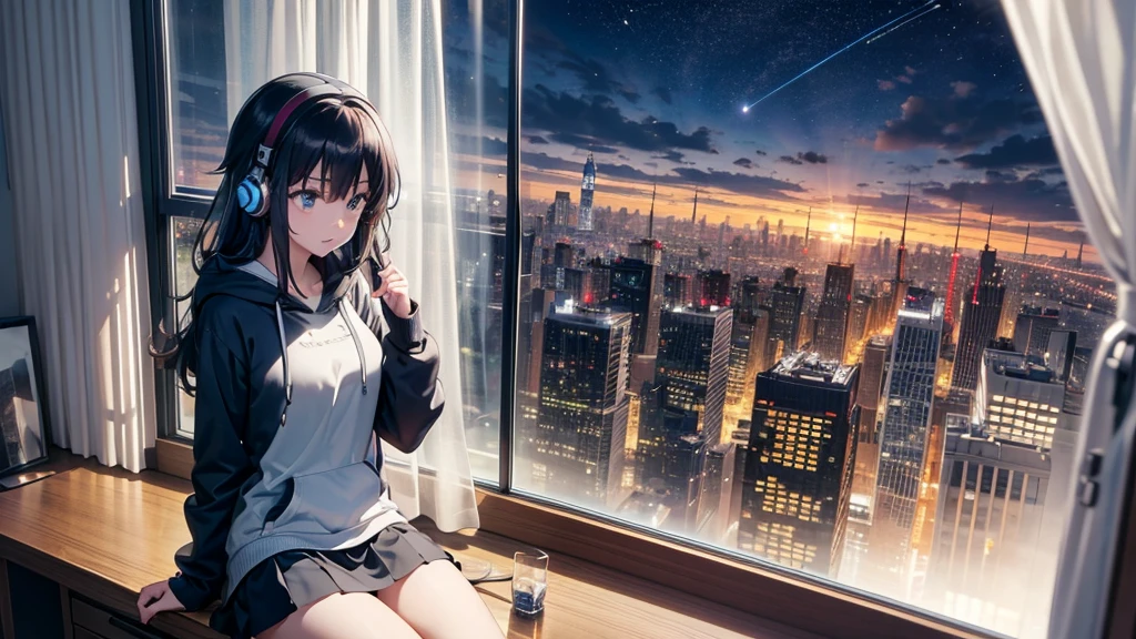 Ultra-high resolution, 8K, (Official Art, beautifully、mysterious:1.2), Anime Art Wallpaper, Works by Makoto Xin Haicheng, Lofi Art Style, Lo-fi feel, Perfect human body composition, Perfect skeleton, Impressive eyes, Oversized hoodie and short skirt, Shiny long black hair, Larger than average bust, Girl listening to music with headphones, Looking out the window, City Room, A room for music lovers, city view from the window, Impressive cityscape, Bright Sky, meteor, Wide angle