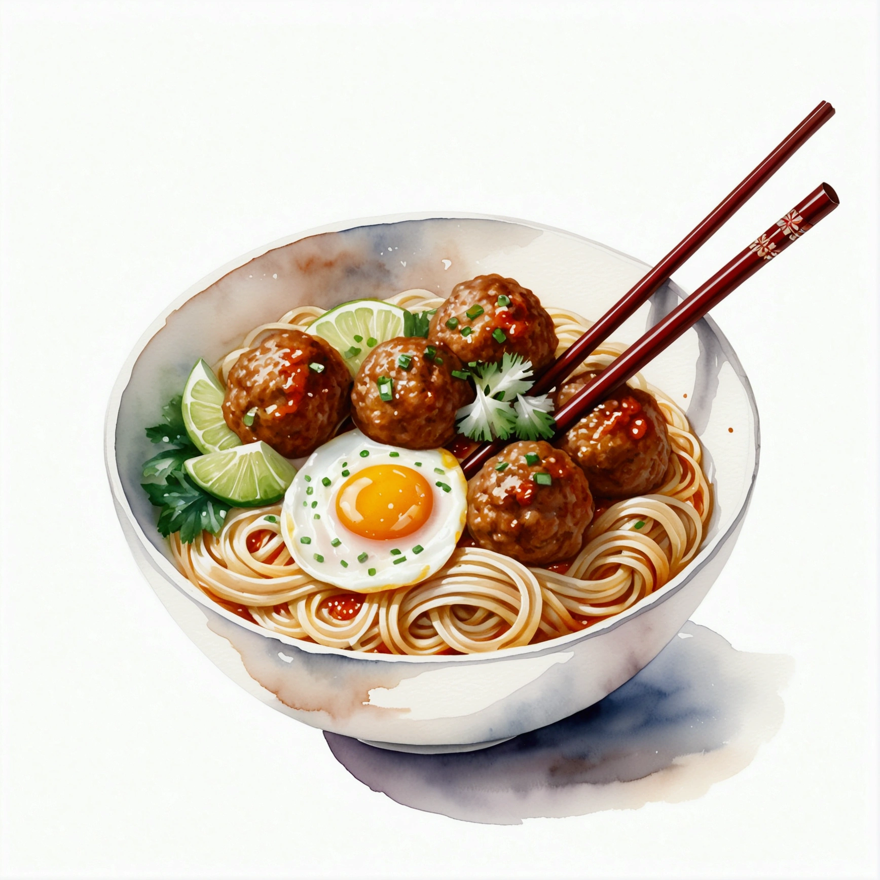 there is a huge extremely delicious bowl of noodle with meatballs and egg, chopstick, illustration, isolated with solid white background, surrounded with negative space, centered compositon, 8k, highly detailed painting, very precise painting, Isolated, clear brilliant white background, perspective angle of view, realistic, watercolor