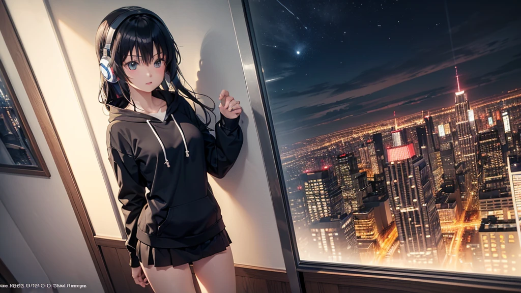 Ultra-high resolution, 8K, (Official Art, beautifully、mysterious:1.2), Anime Art Wallpaper, Works by Makoto Xin Haicheng, Lofi Art Style, Lo-fi feel, Perfect human body composition, Perfect limbs, Perfect Fingers, Impressive eyes, Oversized hoodie and short skirt, Shiny long black hair, Larger than average bust, Girl listening to music with headphones, Looking out the window, City Room, A room for music lovers, city view from the window, Impressive cityscape, Bright Sky, meteor, Wide angle