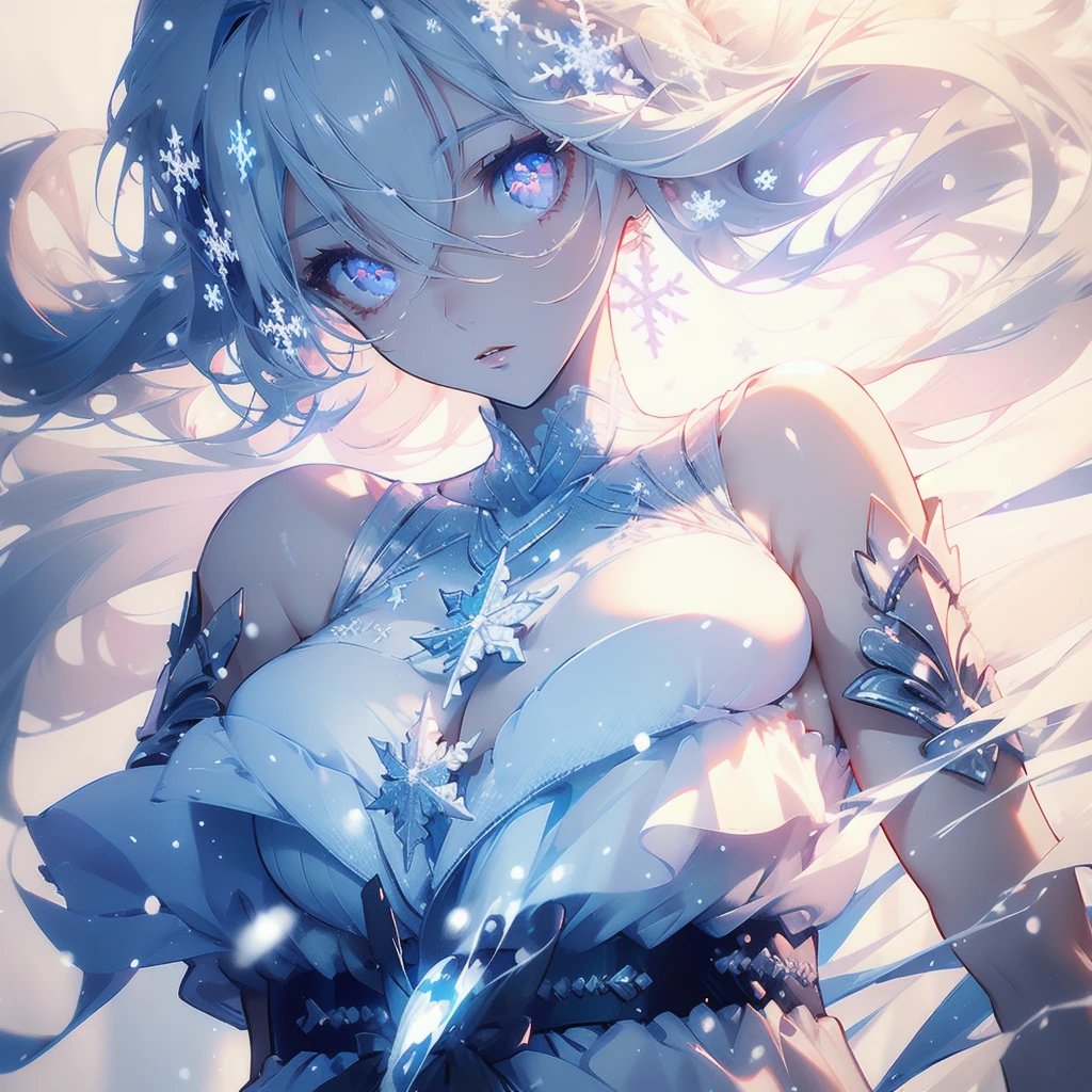 ((masterpiece, best quality)), Epic battlefield atmosphere，Delicate face，Snow Woman，winter，Snow Mountain，whole body，Standing picture，glowing white eyes，Large Breasts，Perfect body proportions，Pure white background，firefly，Snow，snowflake，Edelweiss，Lace，Transparent sex bikini