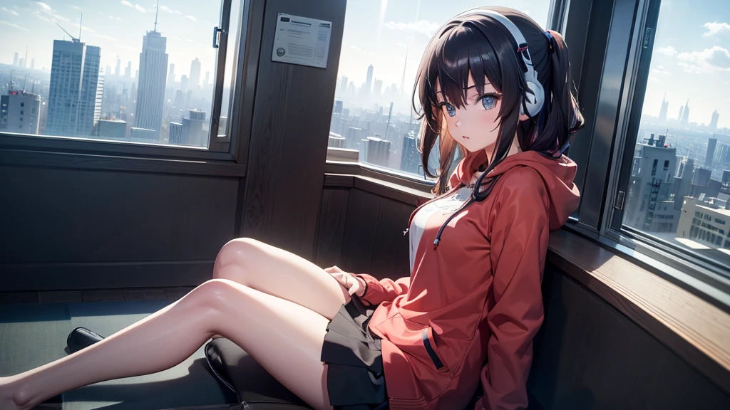 Ultra-high resolution, 8K, (Official Art, beautifully、mysterious:1.2), Anime Art Wallpaper, Works by Makoto Xin Haicheng, Lofi Art Style, Lo-fi feel, Perfect human body composition, Anatomically correct limbs, Structurally correct fingers, Impressive eyes, Oversized hoodie and short skirt, Shiny long black hair, Larger than average bust, Girl listening to music with headphones, Looking out the window, City Room, A room for music lovers, city view from the window, Impressive cityscape, Bright Sky, meteor, Wide angle