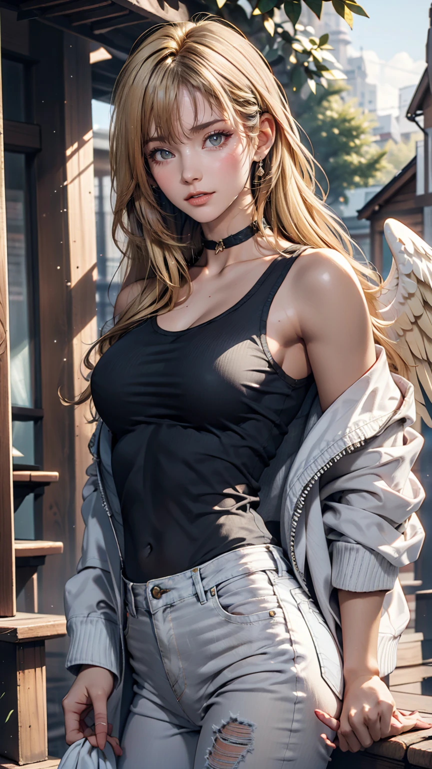 One girl, Medium chest, Blonde, Long Hair, Wavy Hair, Grey Eyes, White Feather Wings, Angel, Outdoor, White jacket, choker, Tank top, jeans