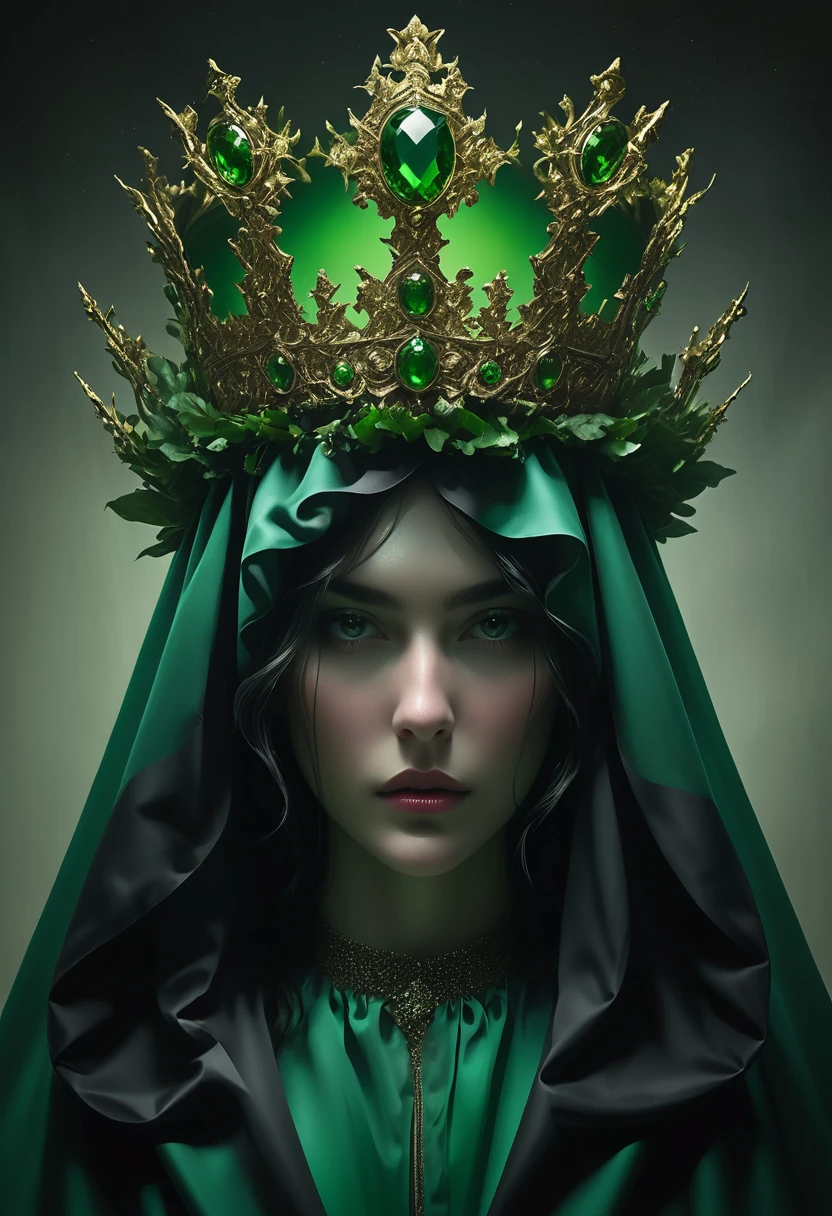 the man in the costume in an ad for topshop carries a green crown, in the style of conceptual sculptures, baroque chiaroscuro, guillem h. pongiluppi, exquisite detail, juliana nan, album covers, blink-and-you-miss-it detail 