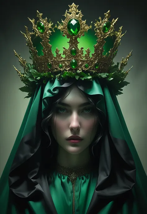 the man in the costume in an ad for topshop carries a green crown, in the style of conceptual sculptures, baroque chiaroscuro, g...