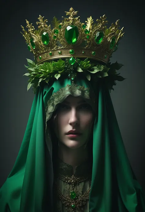 the man in the costume in an ad for topshop carries a green crown, in the style of conceptual sculptures, baroque chiaroscuro, g...