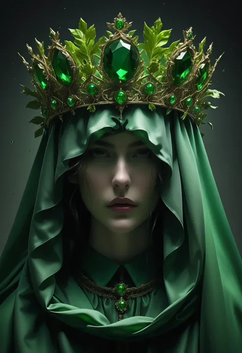 the man in the costume in an ad for topshop carries a green crown, in the style of conceptual sculptures, baroque chiaroscuro, g...