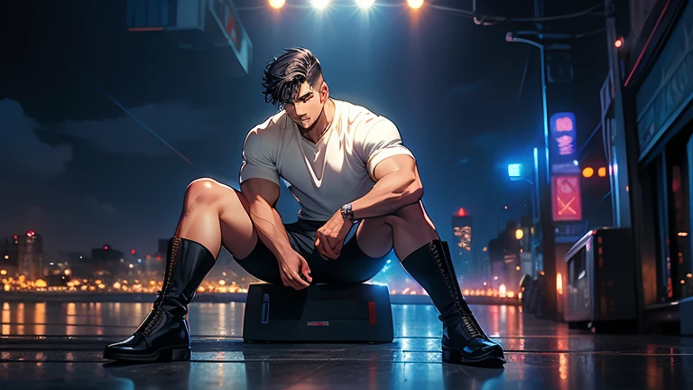 Highest image quality，1Men，1 boy，Young and handsome，show，Short flat hair on top，dark skin，Anime，Anime wallpaper，in the spotlight，underpants，Bulging crotch，city background，spread your legs，sexual,(masterpiece, Best quality),Long white socks，boots,computer graphics feeling，Gloomy atmosphere，8 k,cinematic lighting effects