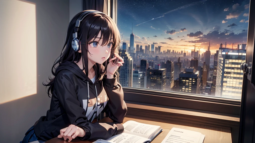 Ultra-high resolution, 8K, (Official Art, beautifully、mysterious:1.2), Anime Art Wallpaper, Works by Makoto Xin Haicheng, Lofi Art Style, Lo-fi feel, Perfect human body composition, Anatomically correct limbs, Structurally correct fingers, Impressive eyes, Oversized hoodie and short skirt, Shiny long black hair, Larger than average bust, Girl listening to music with headphones, Looking out the window, City Room, A room for music lovers, city view from the window, Impressive cityscape, Bright Sky, meteor, Wide angle, Before dusk