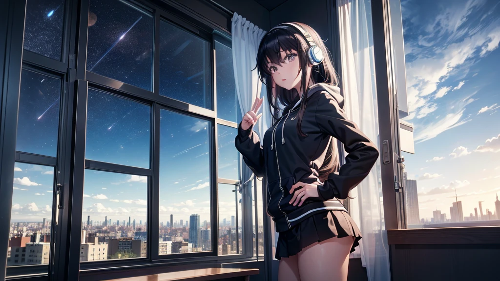 Ultra-high resolution, 8K, (Official Art, beautifully、mysterious:1.2), Anime Art Wallpaper, Works by Makoto Xin Haicheng, Lofi Art Style, Lo-fi feel, Perfect human body composition, Anatomically correct limbs, Structurally correct fingers, Impressive eyes, Oversized hoodie and short skirt, Shiny long black hair, Larger than average bust, Girl listening to music with headphones, Looking out the window, City Room, A room for music lovers, city view from the window, Impressive cityscape, Bright Sky, meteor, Wide angle, Before dusk