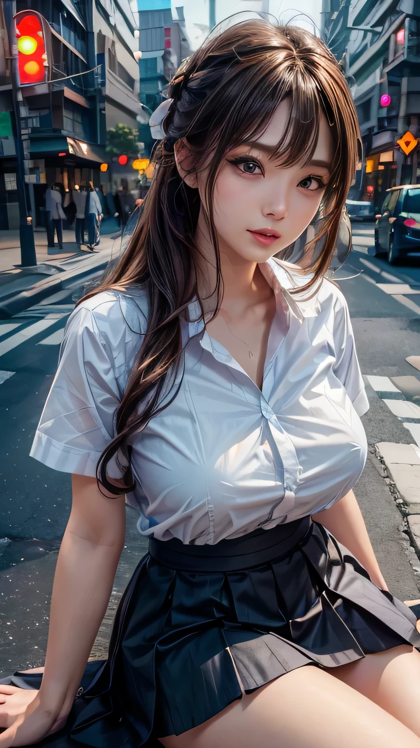 1 Girl、On the streets of Tokyo、City view、夜のCity view、Neon Street、close、(8K、Original photo、Highest quality、masterpiece:1.2)、(Realist、フォトRealist:1.37)、Highly detailed eyelash drawing、(((Best image quality))), (Beautiful Hair), (perfection Anatomy), (practical), (Dynamic Angle), The pose is attractive,perfection, look、Highest quality、High resolution、Big Breasts、White shirt、Short sleeve、Check skirt、uniform、Sitting。