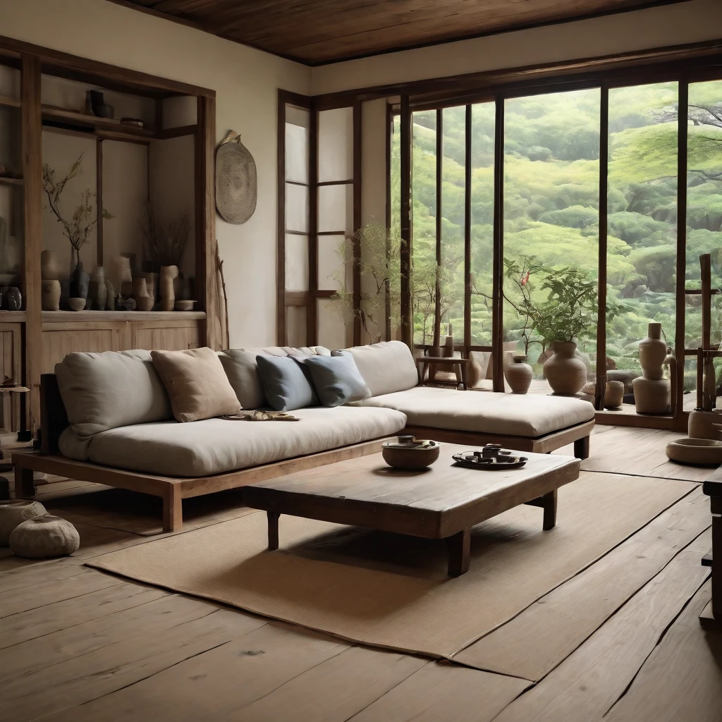 Kinofoto,Abonnieren, ((Wabi-sabi Stil:1.5)), (Wabi-sabi_Stil:1.5), (Zen:1.5),(Wabi-sabi elements:1.3), traditional Wohnzimmer, simple Stil, Wohnzimmer, heim, Holzboden, Im Raum steht ein Sofa, weiter Winkel,Langfokus,Tiefenschärfe, . 35mm Fotografie, Film, bokeh, Fachmann, 4k, sehr detailliert
