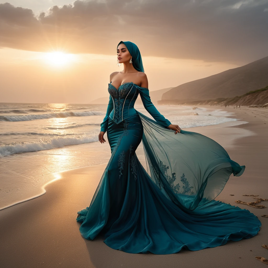 Two woman in the sheer gown, wear corset with bra expose,wearing hijab, full body,mermaid tight long gown, flowy dramatic long gown,very long flor length gown, tall women, in beach,sunset, sexy face, wind blow her gown,sexy pose, masterpice, hyper realistic, realistic lightning