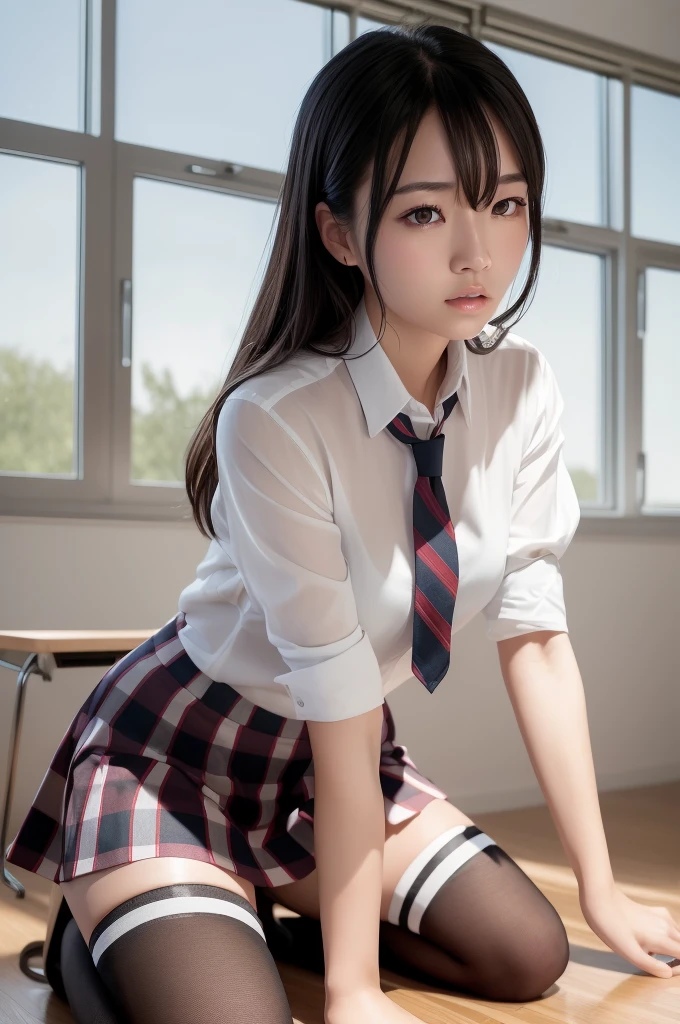 (masterpiece, best quality:1.2), a hyperrealistic , solo, 1girl, yukinoshita yukino, (shiny skin, wet skin:1.2), sweating, slight smile, looking at viewer, on all fours, , white shirt, plaid skirt, thighhighs, afternoon, classroom hyperrealistic  Korean
