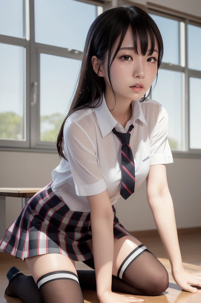 (masterpiece, best quality:1.2), a hyperrealistic , solo, 1girl, yukinoshita yukino, (shiny skin, wet skin:1.2), sweating, slight smile, looking at viewer, on all fours, , white shirt, plaid skirt, thighhighs, afternoon, classroom hyperrealistic  Korean