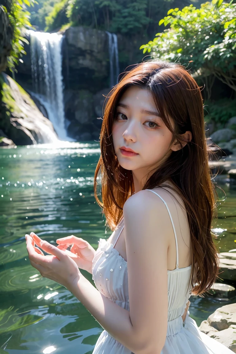 (best quality,ultra-detailed),beautiful detailed eyes,beautiful detailed lips,long eyelashes,girl,fairy,sparkling blue water,ethereal beauty,flowing dress,cascading waterfalls,serene expression,soft and dreamy lighting,water reflections,soft and pastel colors,water droplets on skin,subtle and magical atmosphere,mythical creature,magical powers,floating in midair,graceful movements,enchanted forest background,natural and organic elements,fantasy artwork,unreal and mesmerizing,majestic presence,harmonious and peaceful.