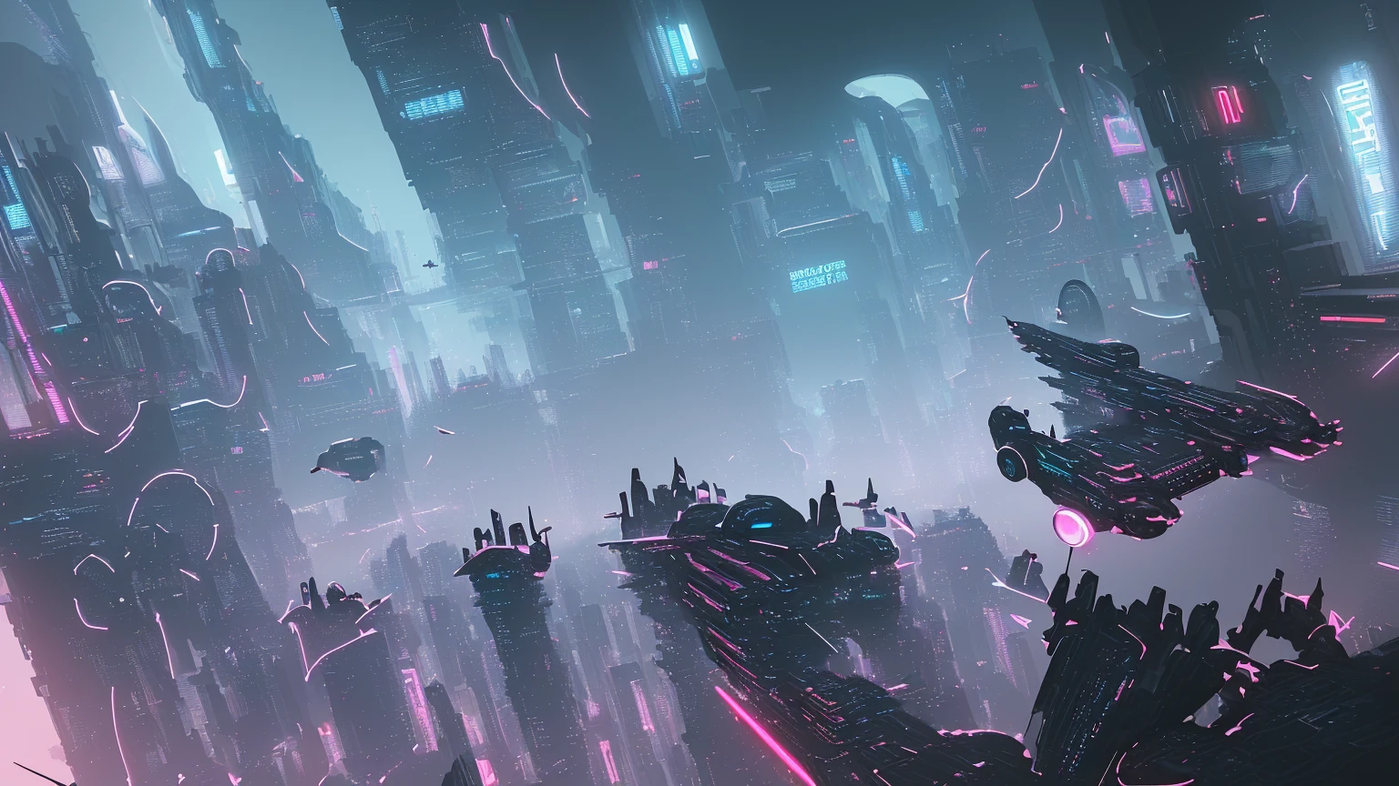 Cyberpunk，Graphic illustration，postegure，Clear foreground details，Simple Vision，Wide-angle view，futuristic city，Neon，Sci-fi vehicles，Drones，Mechanical structure，figure背面，Overlooking，Vanishing Point