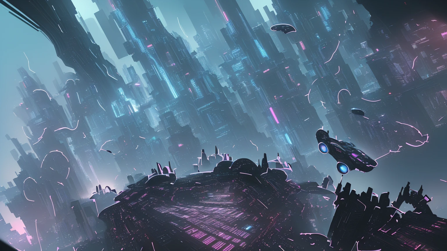 Cyberpunk，Graphic illustration，postegure，Clear foreground details，Simple Vision，Wide-angle view，futuristic city，Neon，Sci-fi vehicles，Drones，Mechanical structure，figure背面，Overlooking，Vanishing Point