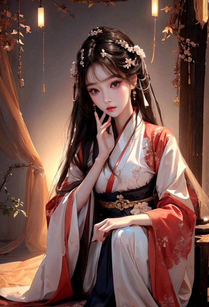 Best image quality、8K、masterpiece：1.3))、Realistic high-quality photos、Highest quality、 Beautiful face、Photos of slim models、Beautiful girl model、Young and pretty face、Beautiful model girl、A lovely and delicate face、Black Hair、Beautiful brown eyes、Young Body、Hanfu, (emphasize)、Camera gaze,、Anatomically correct、胸の谷間をemphasize、whole body、13-year-old female model