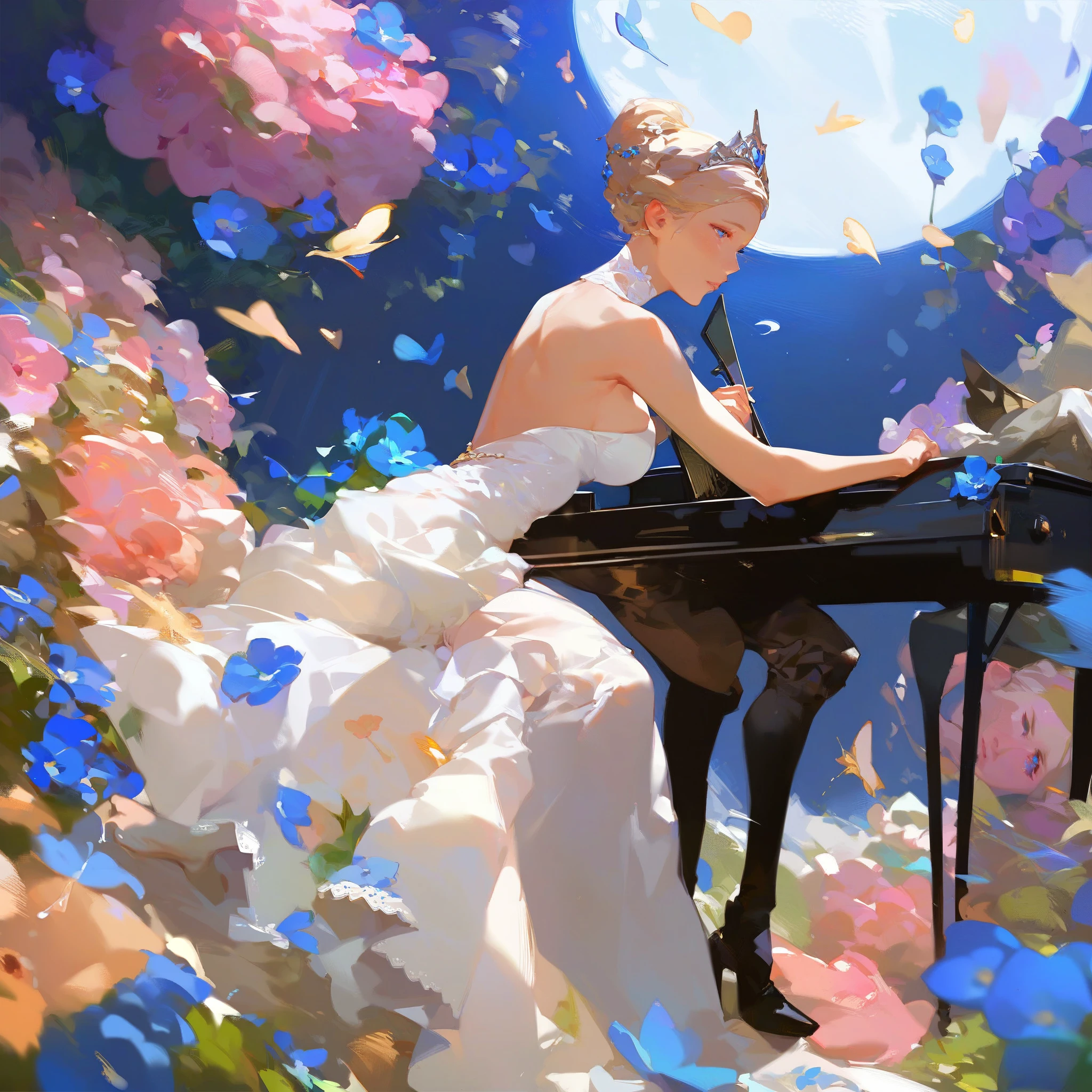 (score_9,score_8_up,score_7_up,) woman in fancy dress leaning over an upright grand piano at dusk with flowers around, 1girl, dress, solo, instrument, flower, high heels, sitting, tiara, white dress, blue eyes, blue flower, blonde hair, hair bun, Expressiveh, negative_hand, [[gwentstyle]], moon
