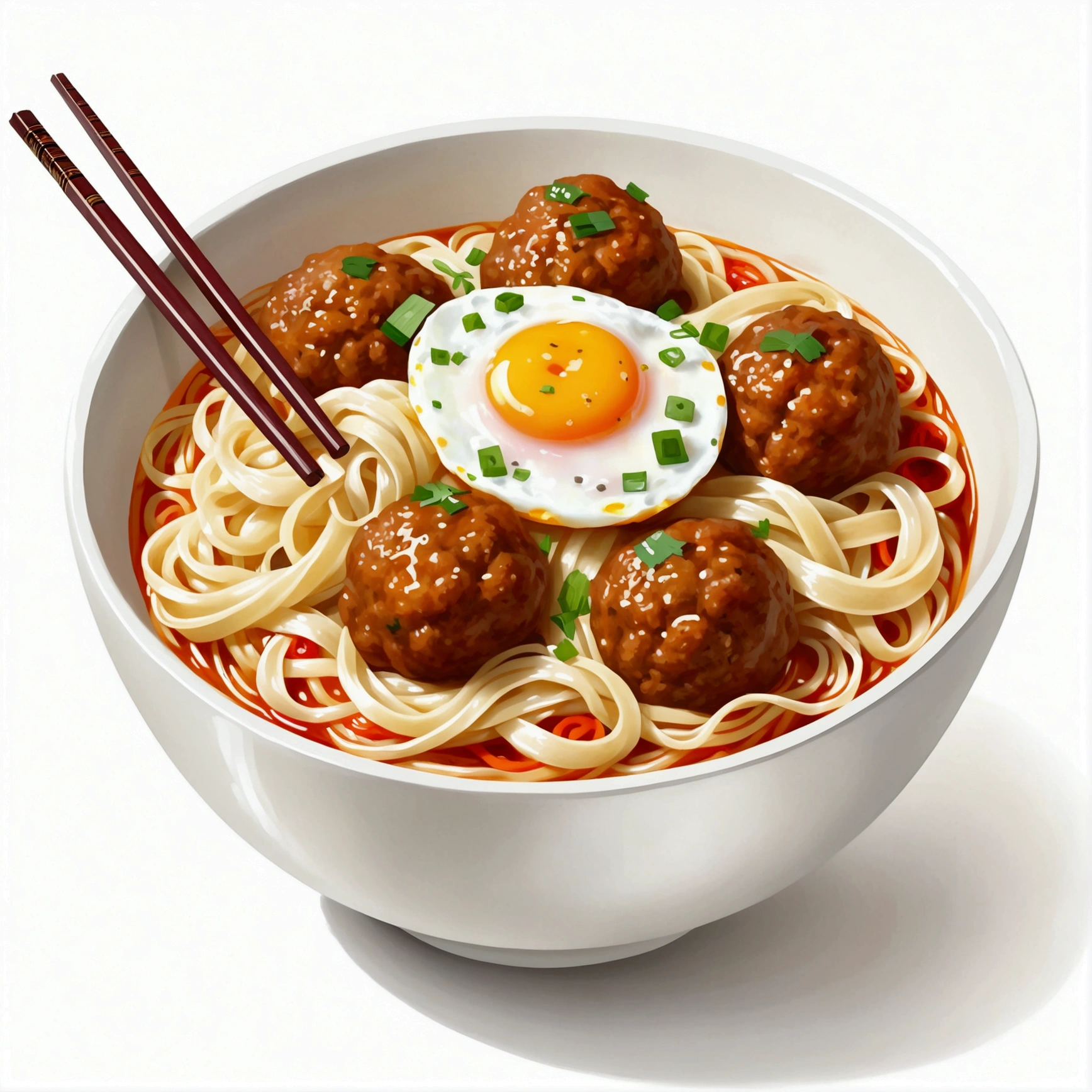 there is a huge extremely delicious bowl of noodle with meatballs and egg, chopstick, illustration, isolated with solid white background, surrounded with negative space, centered compositon, 8k, highly detailed painting, very precise painting, Isolated, clear brilliant white background, perspective angle of view, realistic, cartoon style, acrylic painting