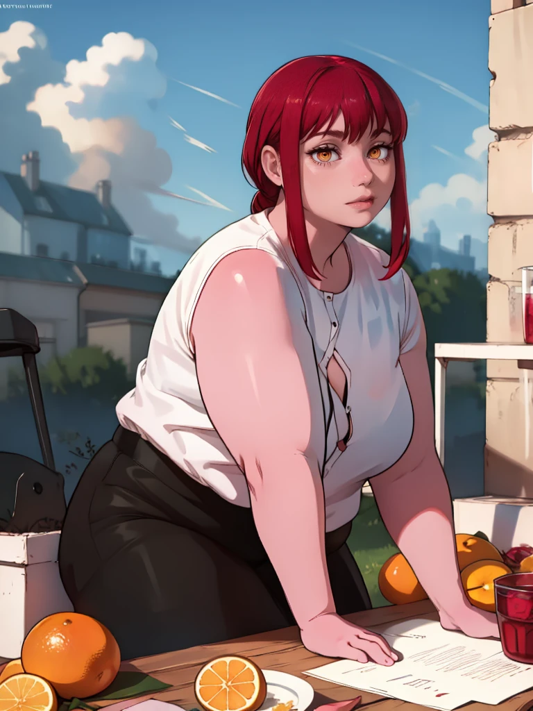 Le personnage Makima de la série animée Chainsaw Man, fragile, obésité morbide, ssbbw, pleine longueur (corps entier 1.1.), fond sombre, obscurité, anatomie correcte 1.1, anatomie correcte de la main, Très féminin, corps gras et rond, grosses Jambes, fesses, beau corps obèse, ventre rond et mou très gras, cheveux roux, Yeux oranges, Cercles rouges pour les écoliers, chemise blanche, jupe noire, cravate noire, pose sexy, réaliste, very détaillé, beau corps, détaillé body, détaillé hands, détaillé, vibrant, détaillé Face, Conception des personnages de Makima. very détaillé, détaillé body, détaillé hands, détaillé Face, Art animé, Hugh Détails, Visage très abattu, détaillé eyes, Illustration ultra fine, Meilleure ombre, détail fin, beautiful détaillé glow, beautiful détaillé, Extraordinairement beau, extremely détaillé, inexpressif, composition épique, Style animé. art animé, Style animé. Jupe noire, chemise blanche, cravatte, pose sexy. Double menton, visage très gras, grosses joues, joues potelées