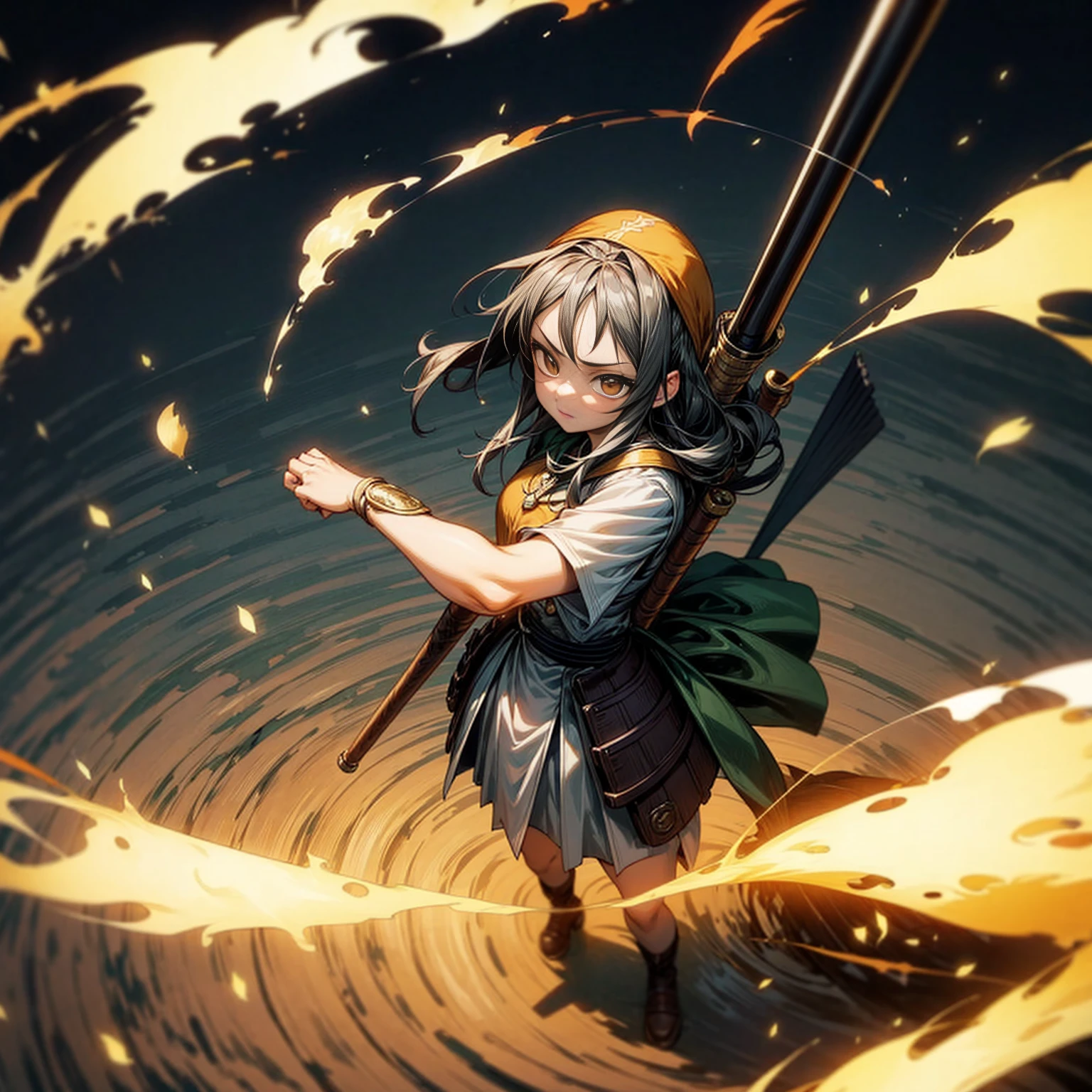 1girl, Full body version, 1character, adult version, gold eyes color, long haircut, (black color hair), bandana, medieval style clothing, bazooka in hand, Grassroots, full background in field forest, motion blur, smoke effect, lighting bazooka, fire, Fire lighting, (Hunter x Hunter style), standing gesture, plasma effect, aura effect, high angle view 