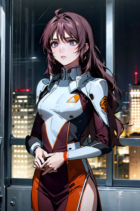 「A 20-year-old young female pilot、Height: 165cm、(Long Wavy Hair, Blue and orange split color:1.6, Deep purple eyes)。With skin as...