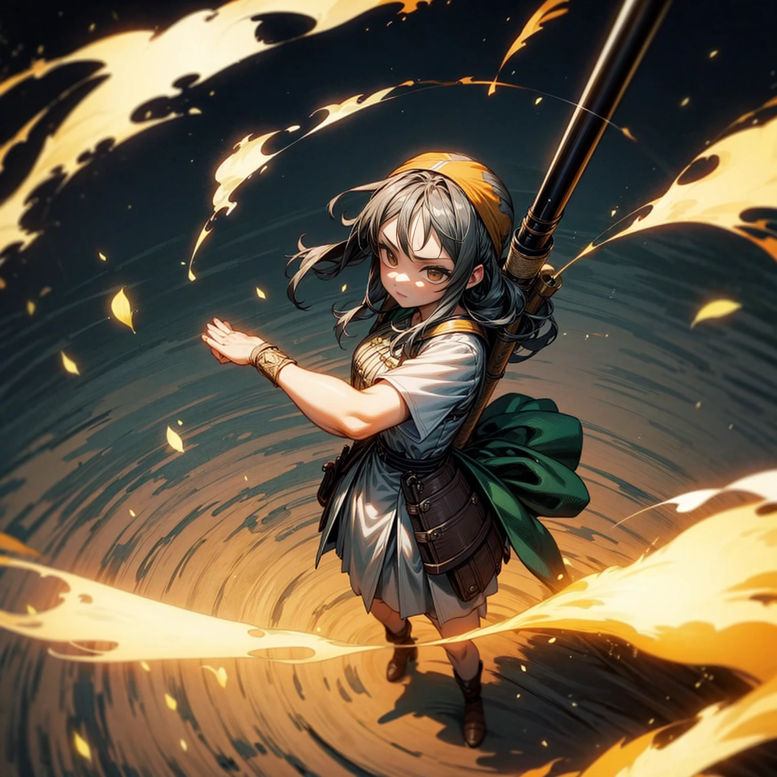 1girl, Full body version, 1character, adult version, gold eyes color, long haircut, (black color hair), bandana, medieval style clothing, bazooka in hand, Grassroots, full background in field forest, motion blur, smoke effect, lighting bazooka, fire, Fire lighting, (Hunter x Hunter style), standing gesture, plasma effect, aura effect, high angle view 