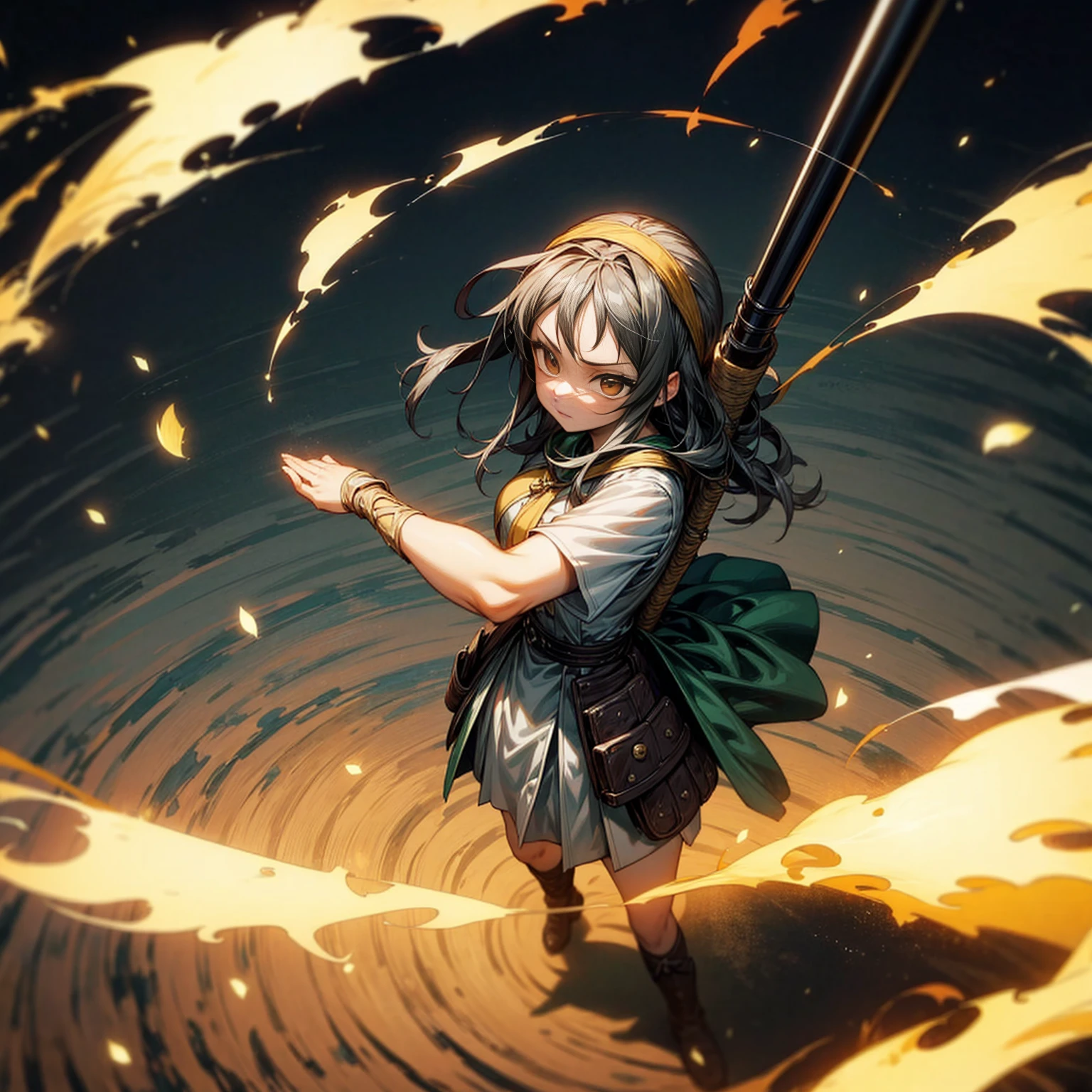 1girl, Full body version, 1character, adult version, gold eyes color, long haircut, (black color hair), bandana, medieval style clothing, bazooka in hand, Grassroots, full background in field forest, motion blur, smoke effect, lighting bazooka, fire, Fire lighting, (Hunter x Hunter style), standing gesture, plasma effect, aura effect, high angle view 